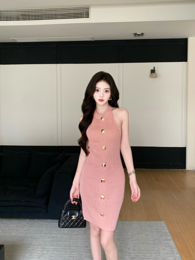Halter package hip dress summer knitted T-back