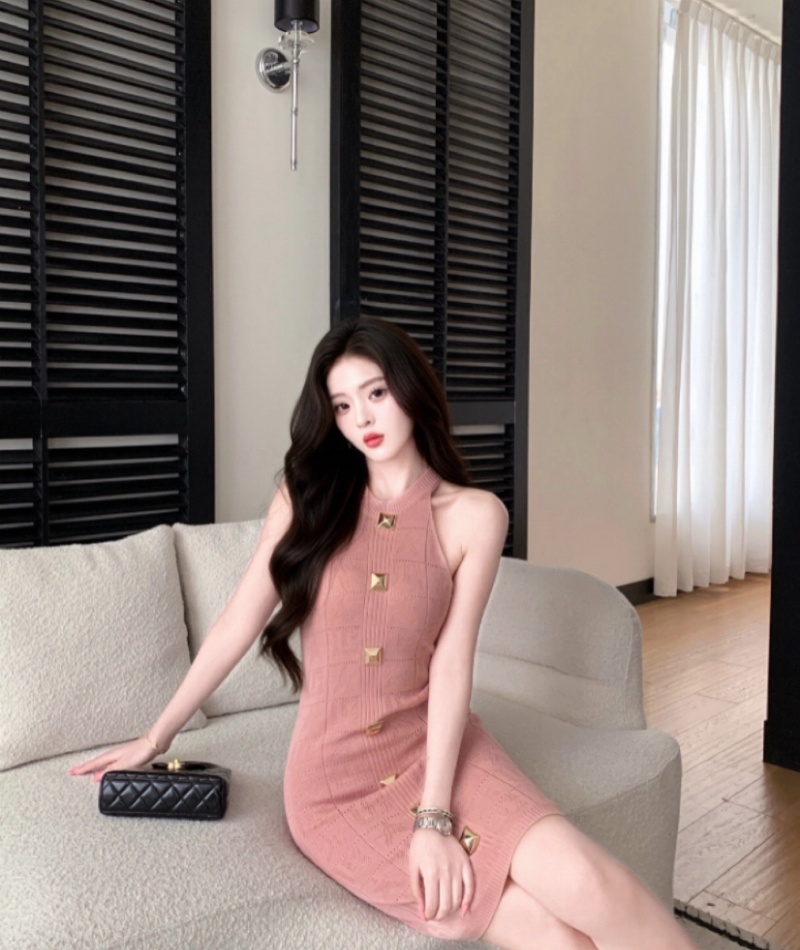 Halter package hip dress summer knitted T-back