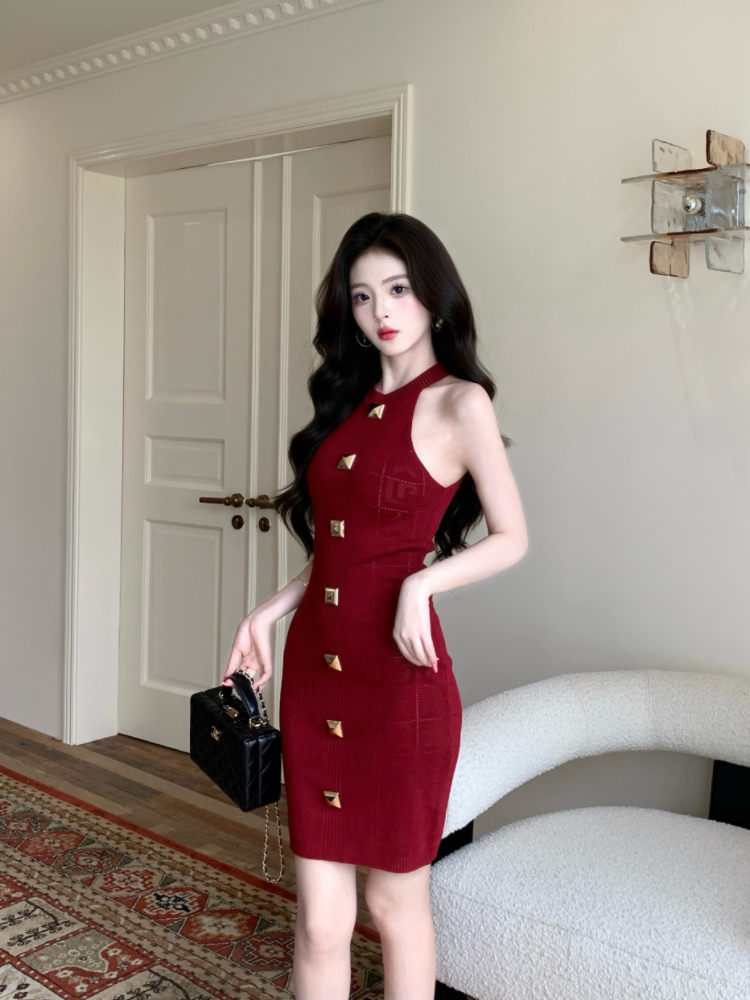 Halter package hip dress summer knitted T-back