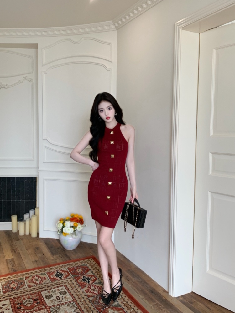 Halter package hip dress summer knitted T-back