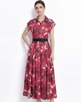 With belt lapel shirt pinched waist printing long dress