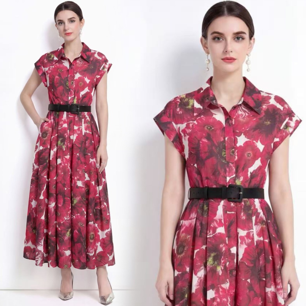 With belt lapel shirt pinched waist printing long dress