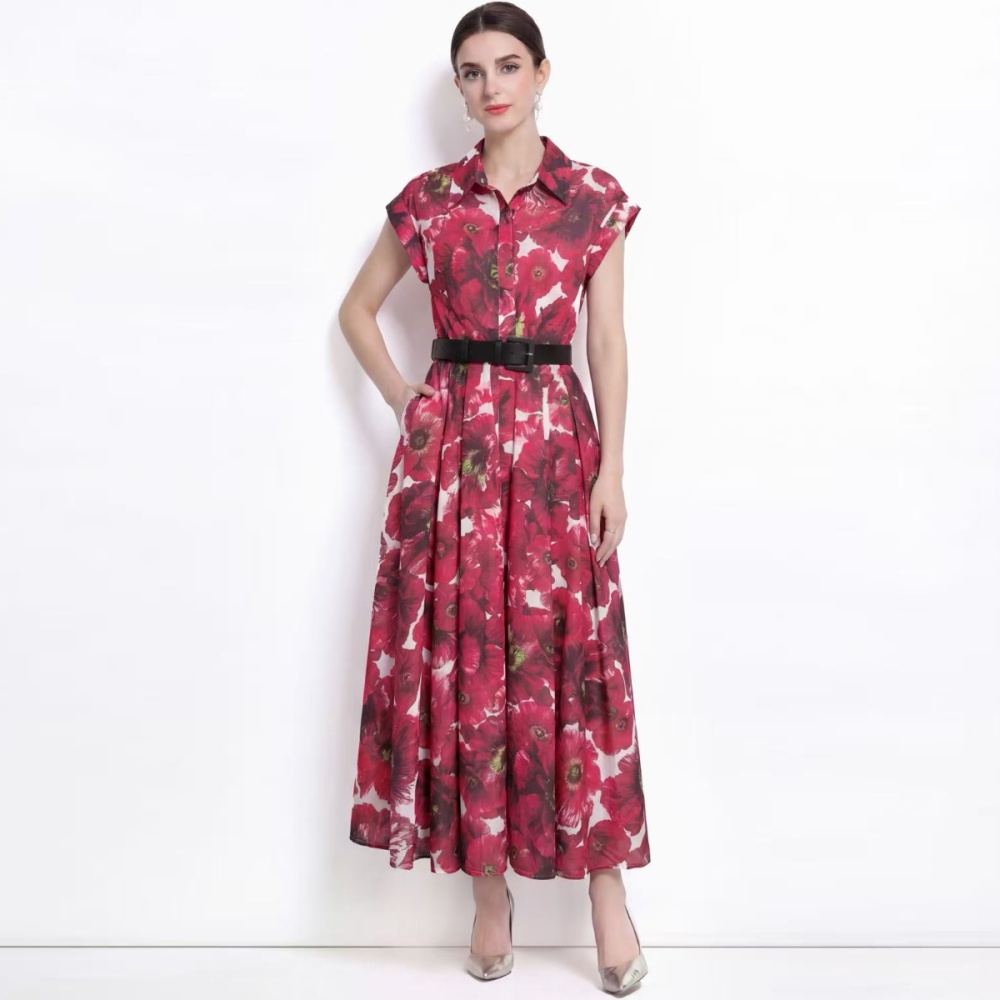 With belt lapel shirt pinched waist printing long dress
