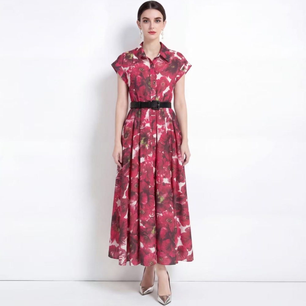 With belt lapel shirt pinched waist printing long dress