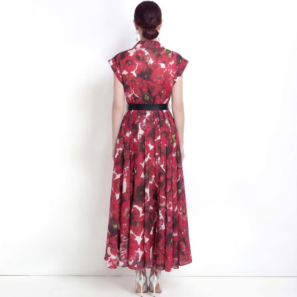 With belt lapel shirt pinched waist printing long dress