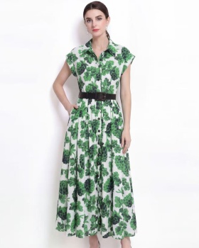 Lapel printing dress pinched waist long dress
