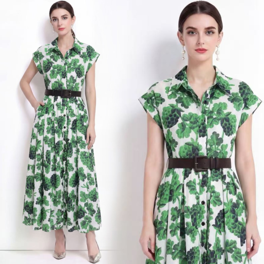 Lapel printing dress pinched waist long dress