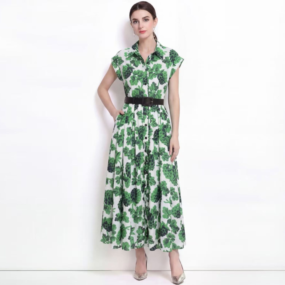 Lapel printing dress pinched waist long dress
