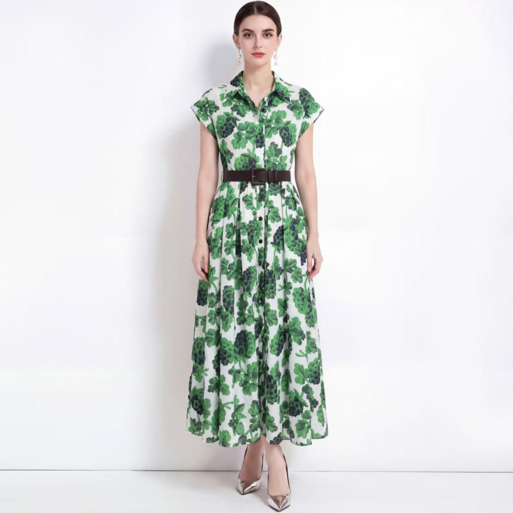 Lapel printing dress pinched waist long dress