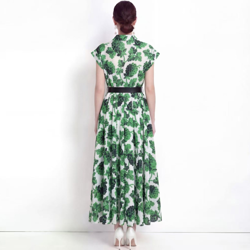 Lapel printing dress pinched waist long dress