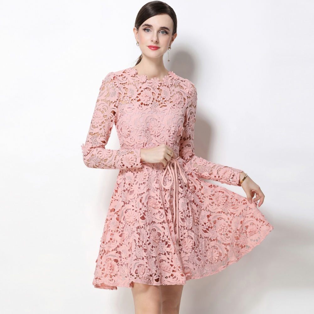 Lace pinched waist round neck lady tender dress