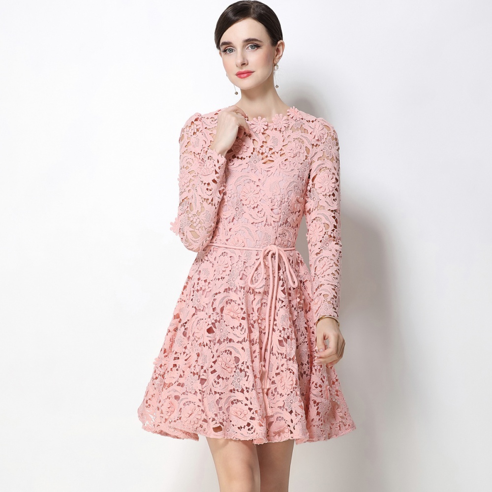 Lace pinched waist round neck lady tender dress