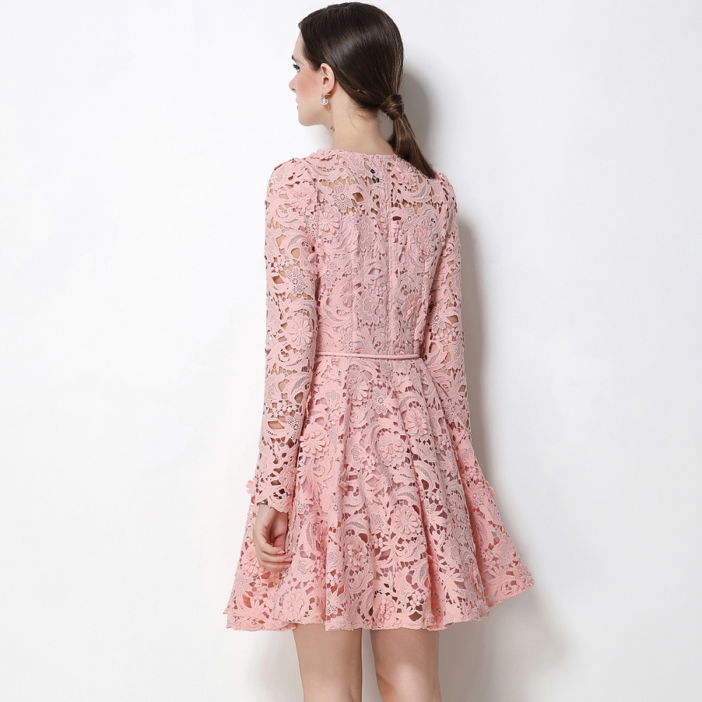 Lace pinched waist round neck lady tender dress