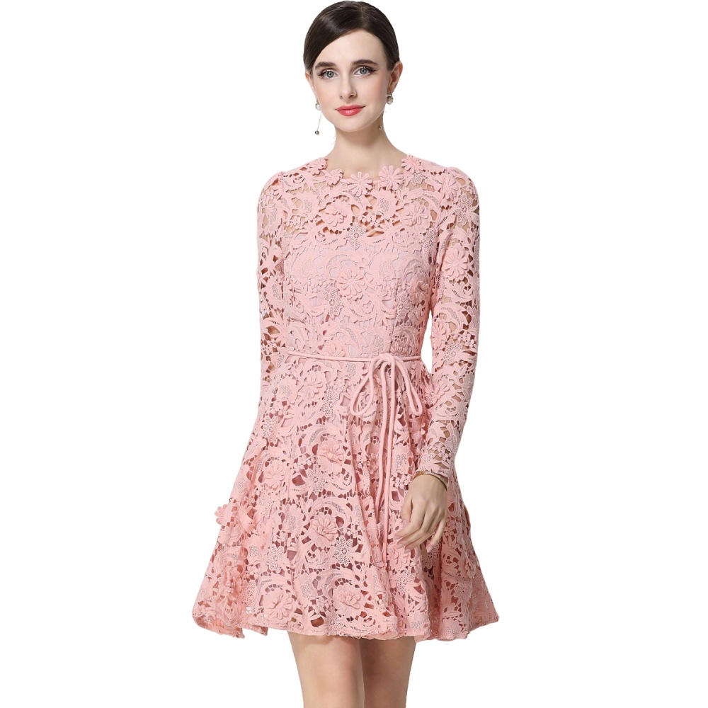 Lace pinched waist round neck lady tender dress