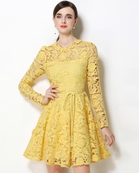 Long sleeve pinched waist slim flowers tender dress