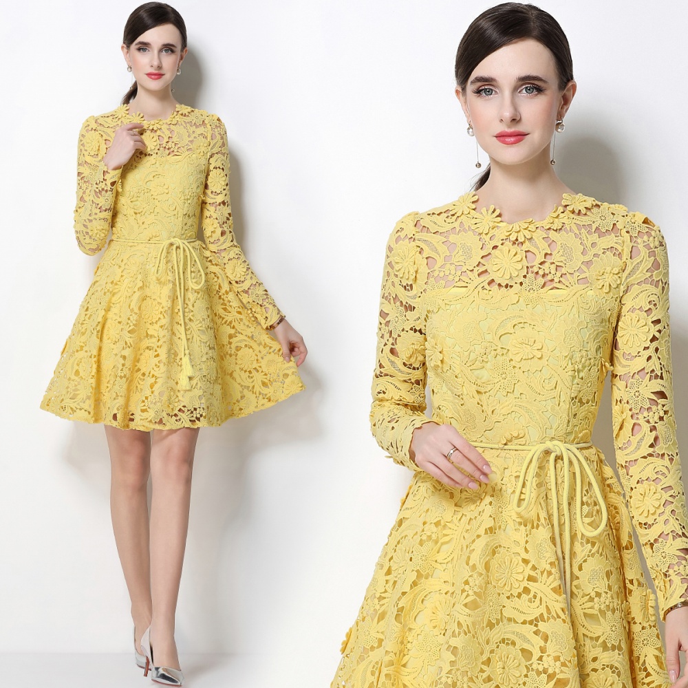 Long sleeve pinched waist slim flowers tender dress