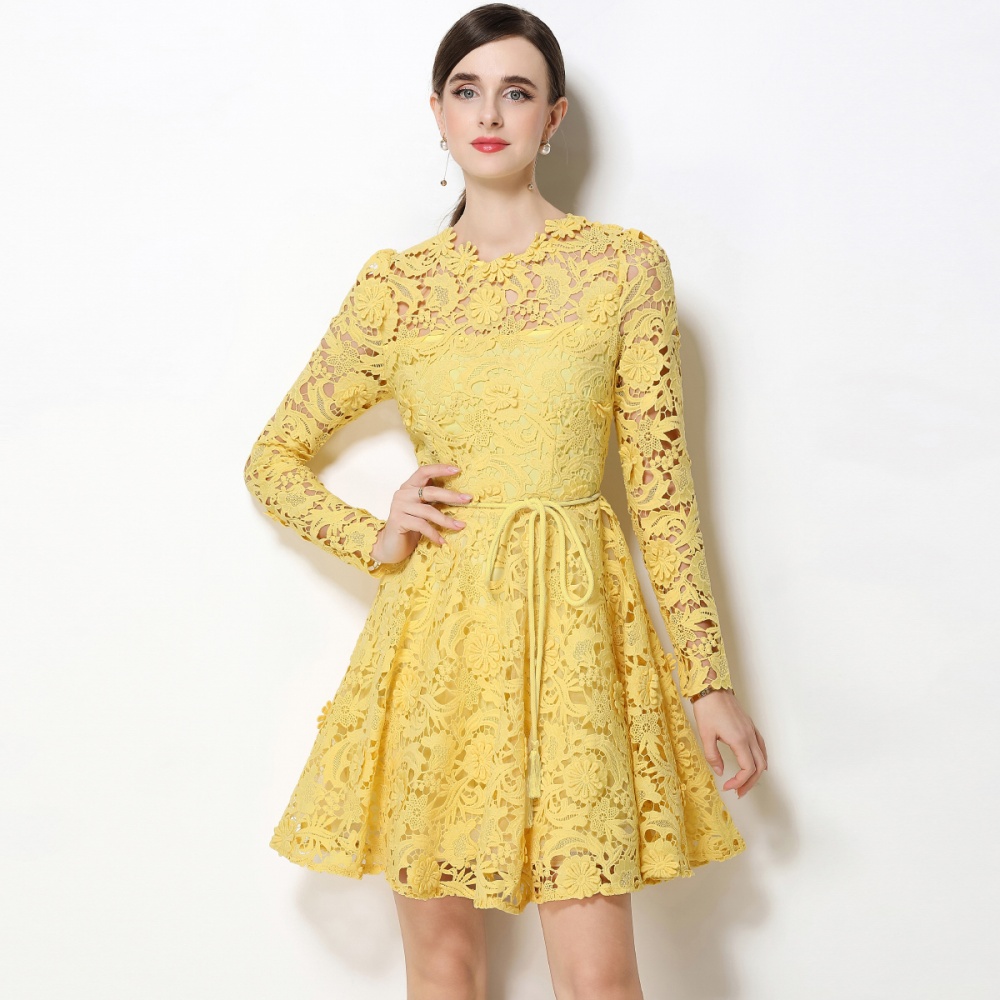 Long sleeve pinched waist slim flowers tender dress