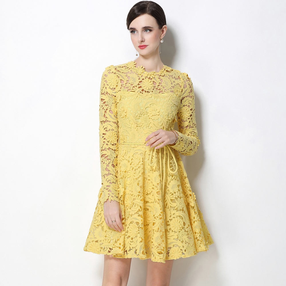 Long sleeve pinched waist slim flowers tender dress