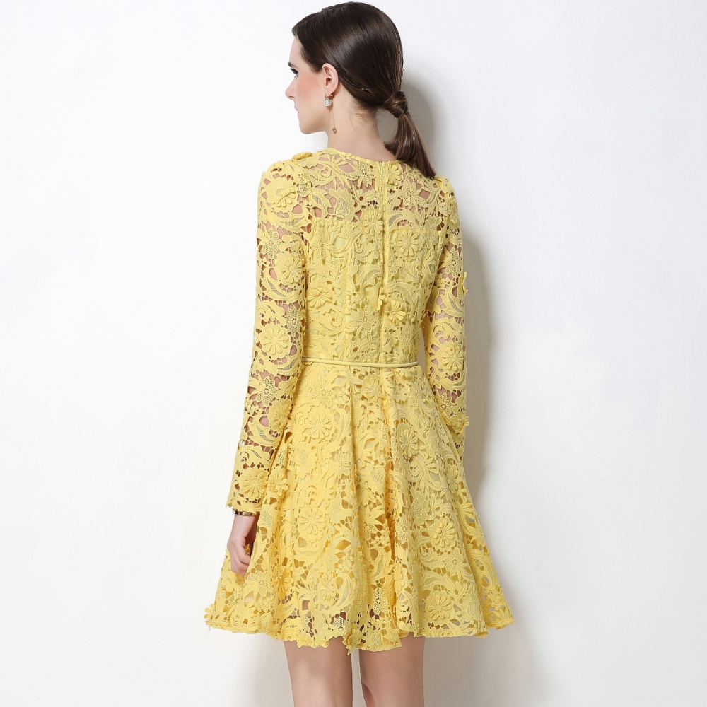 Long sleeve pinched waist slim flowers tender dress