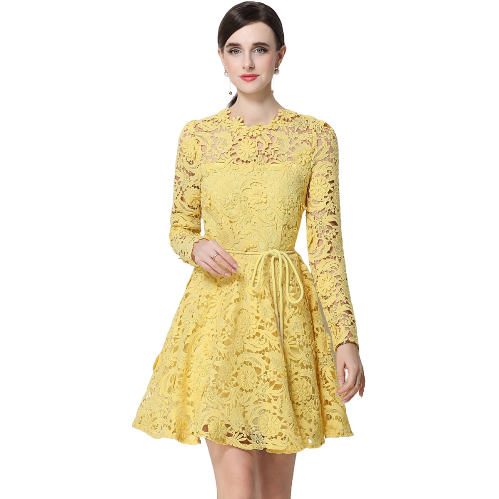 Long sleeve pinched waist slim flowers tender dress