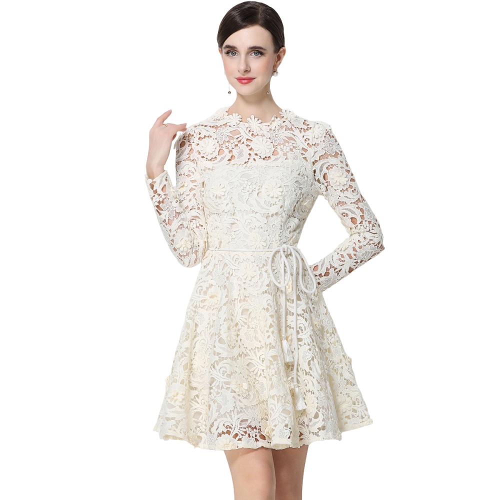 Flowers lace round neck pinched waist hollow lady dress