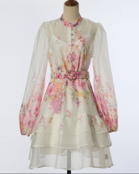 Printing slim T-back lotus leaf edges dress