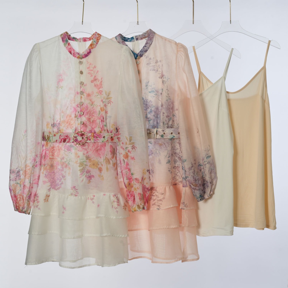 Printing slim T-back lotus leaf edges dress