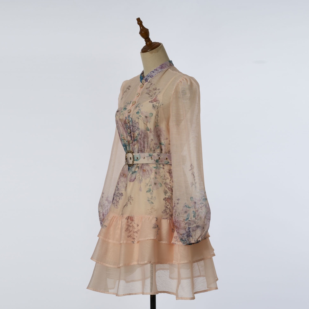 Printing slim T-back lotus leaf edges dress