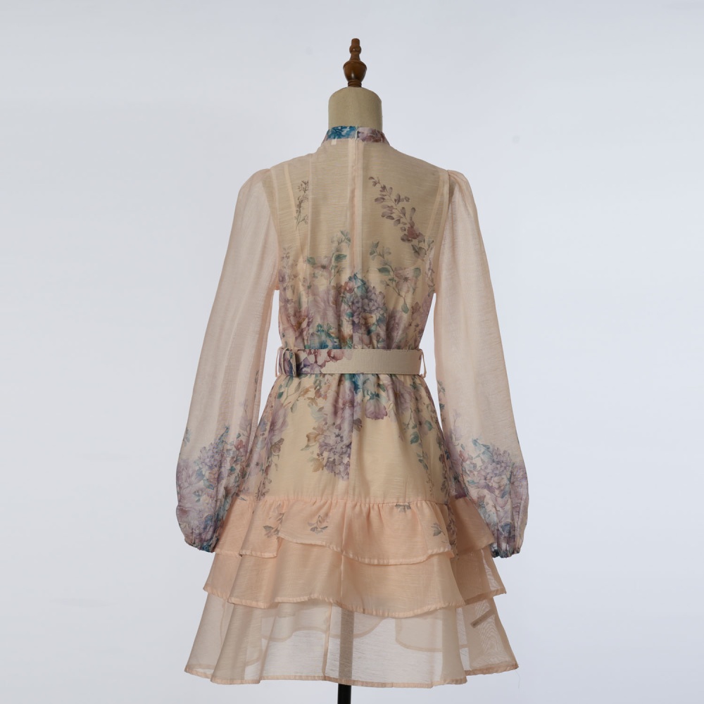 Printing slim T-back lotus leaf edges dress