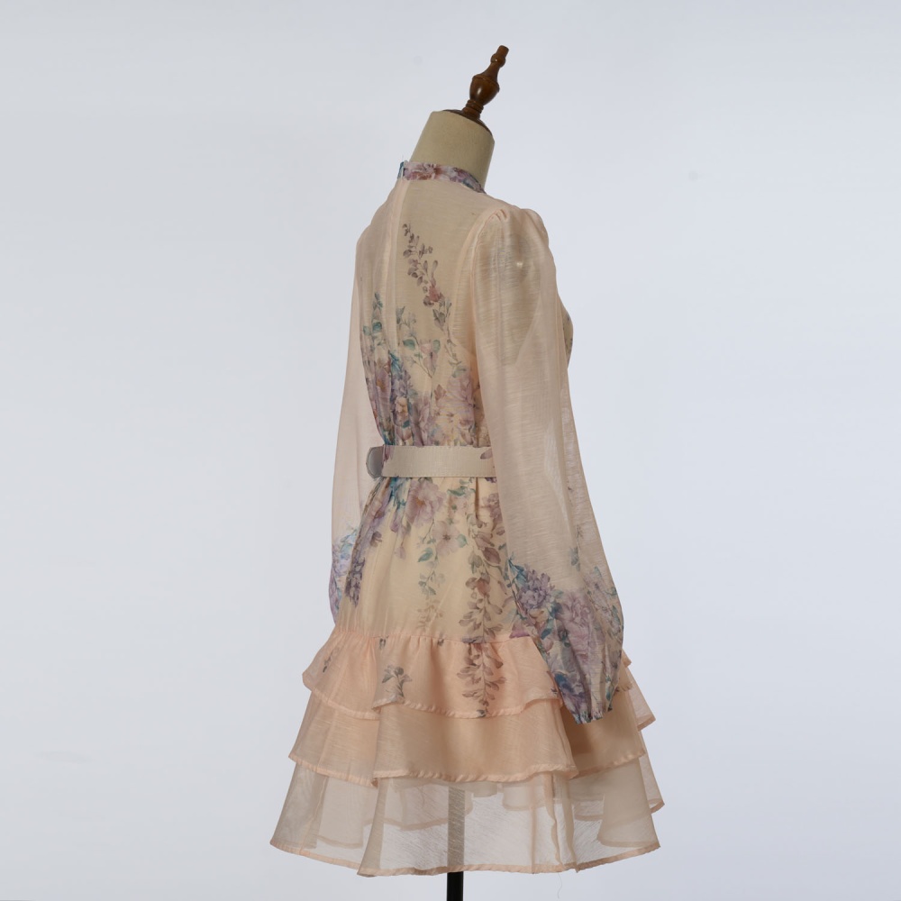 Printing slim T-back lotus leaf edges dress