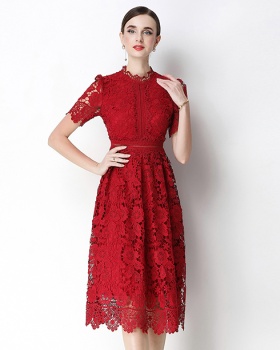 Long short sleeve hollow slim lace dress