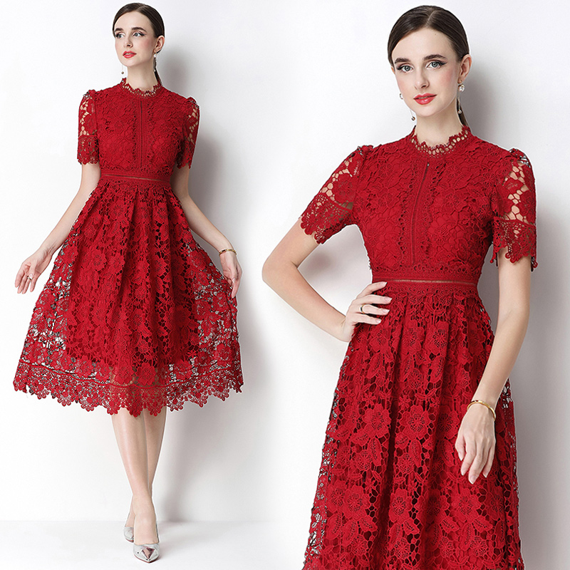 Long short sleeve hollow slim lace dress