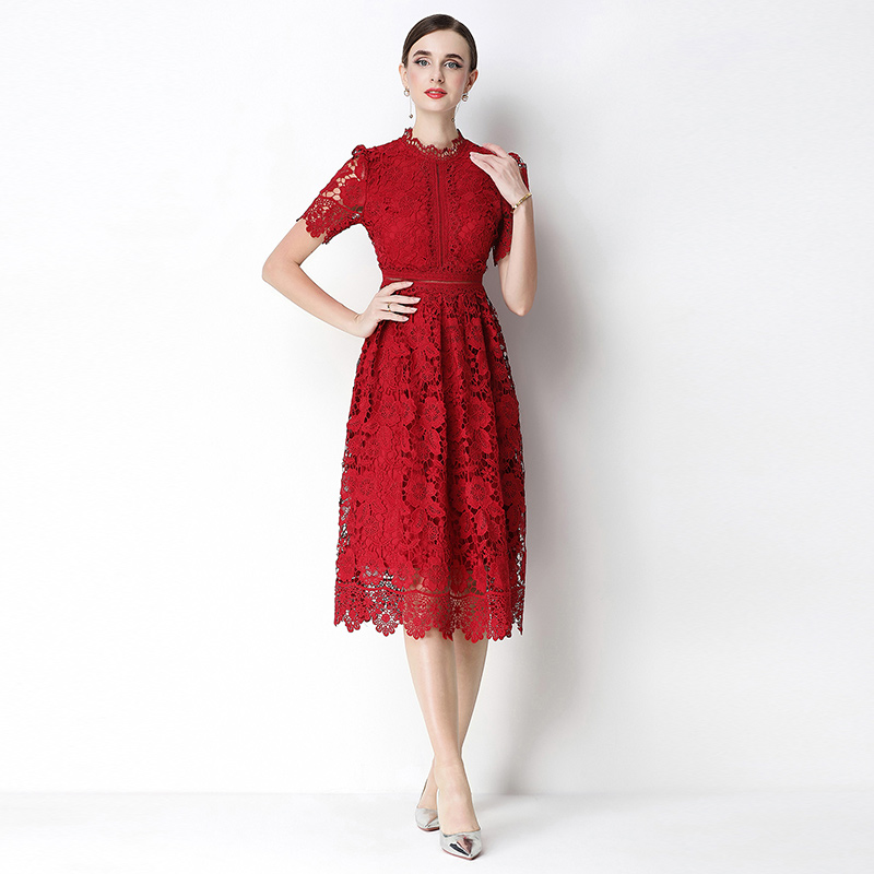 Long short sleeve hollow slim lace dress