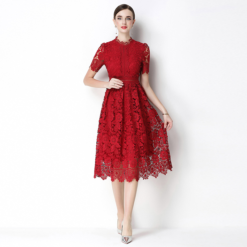 Long short sleeve hollow slim lace dress