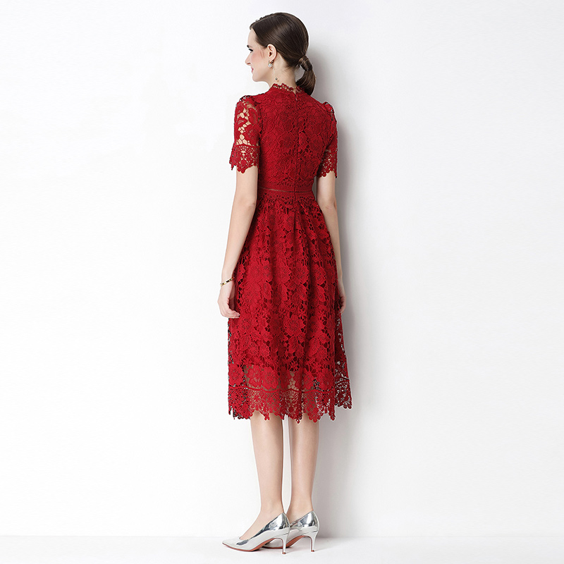 Long short sleeve hollow slim lace dress