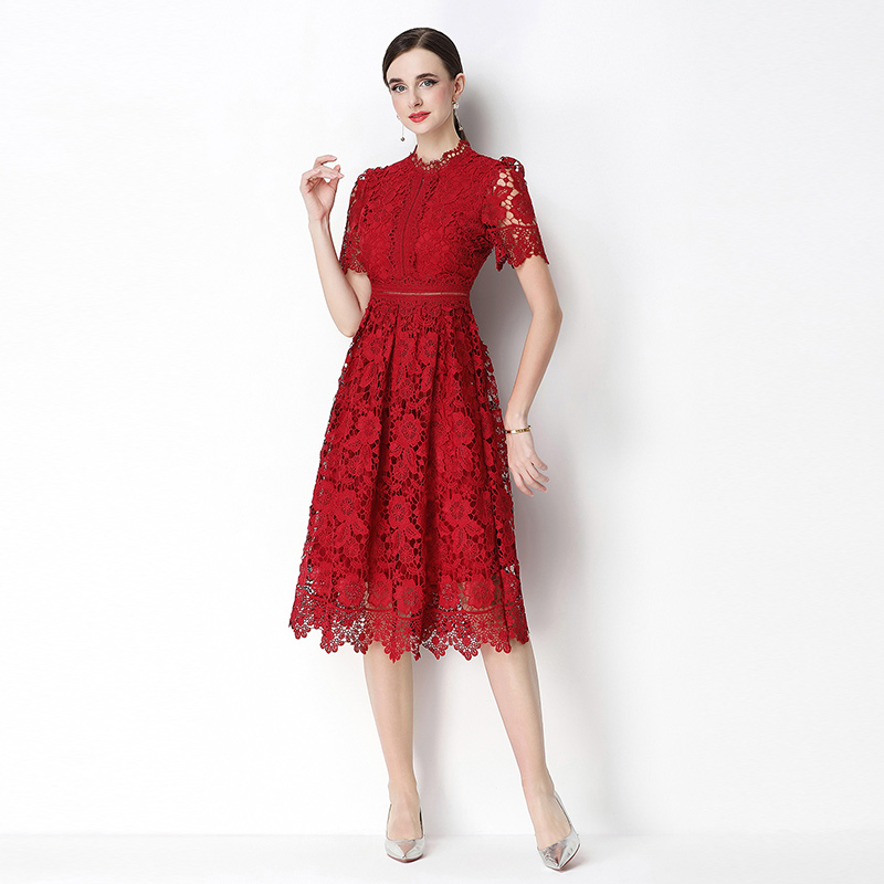 Long short sleeve hollow slim lace dress
