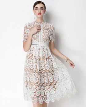 Hollow long lace slim short sleeve dress