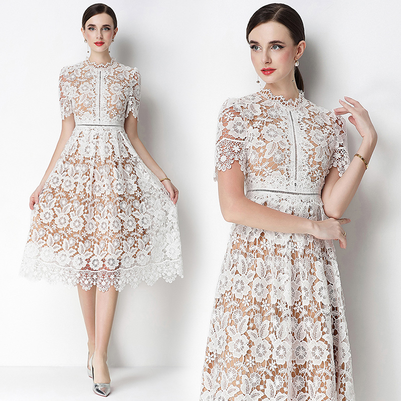 Hollow long lace slim short sleeve dress