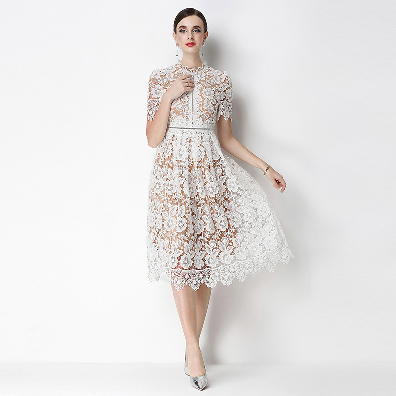 Hollow long lace slim short sleeve dress