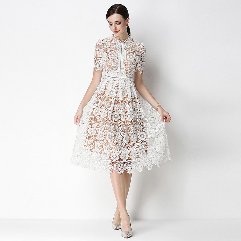 Hollow long lace slim short sleeve dress