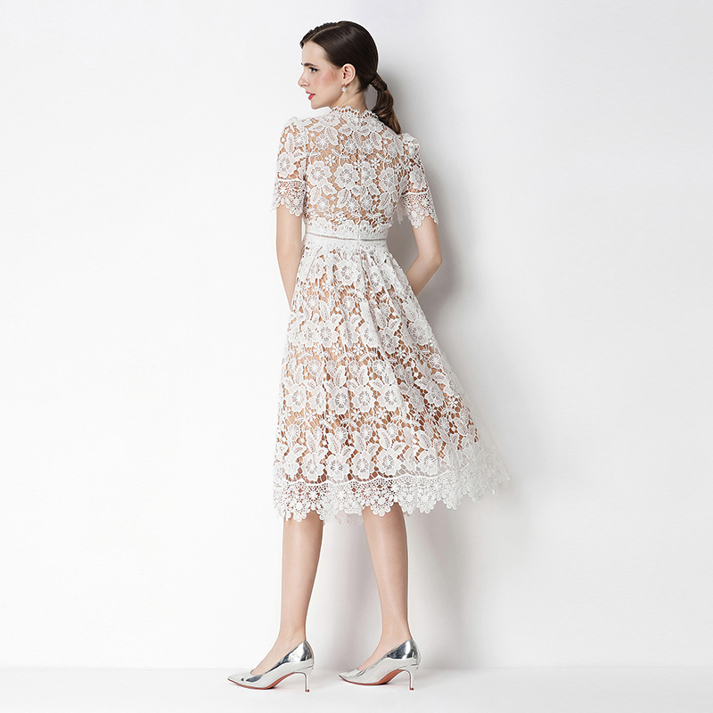 Hollow long lace slim short sleeve dress