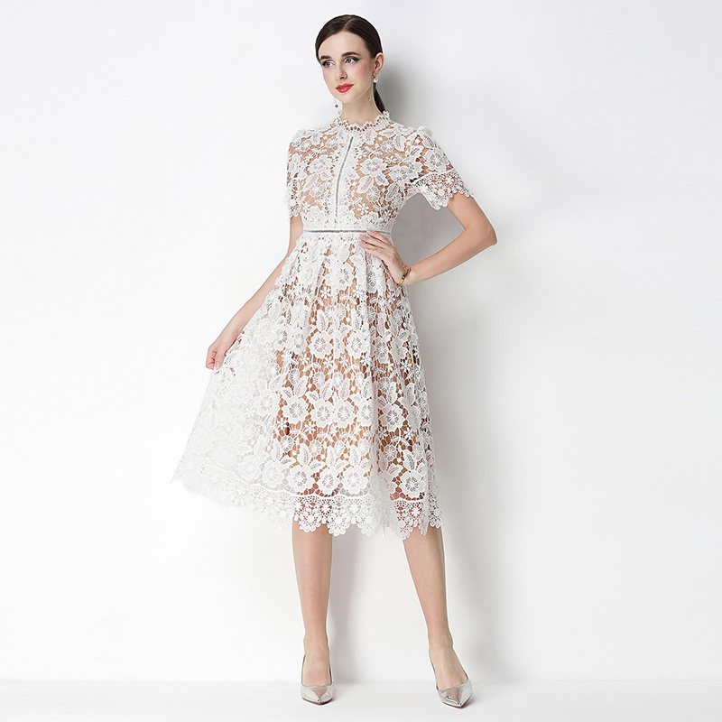 Hollow long lace slim short sleeve dress