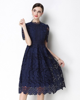 Slim lace hollow long short sleeve dress