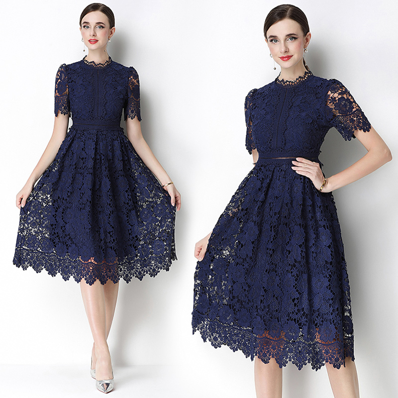 Slim lace hollow long short sleeve dress