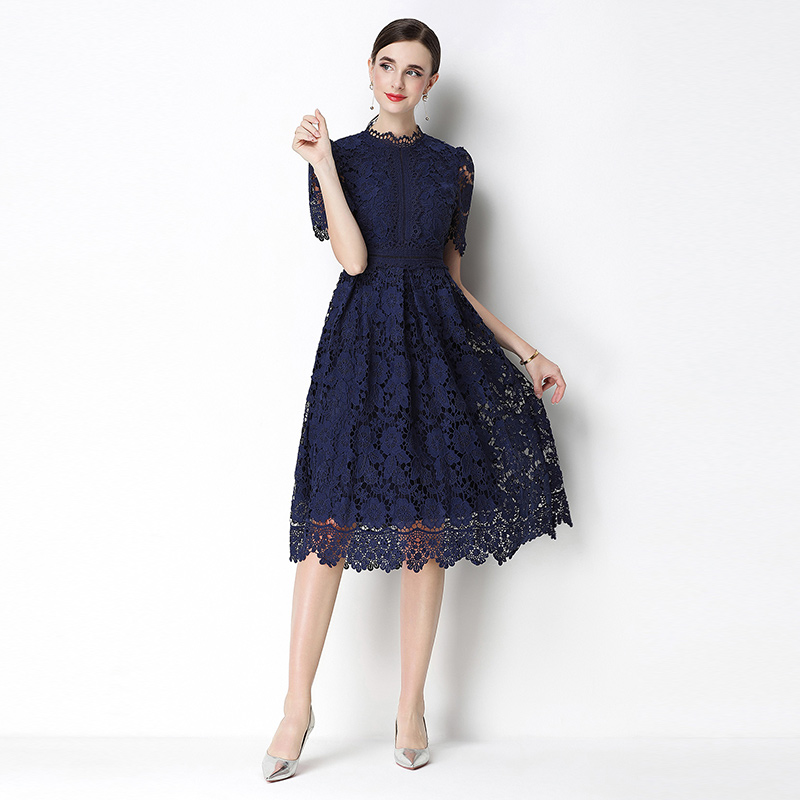 Slim lace hollow long short sleeve dress