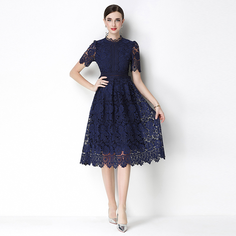 Slim lace hollow long short sleeve dress