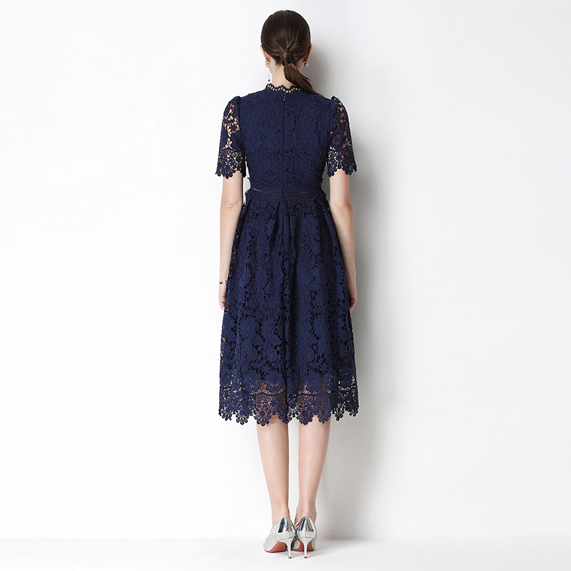 Slim lace hollow long short sleeve dress