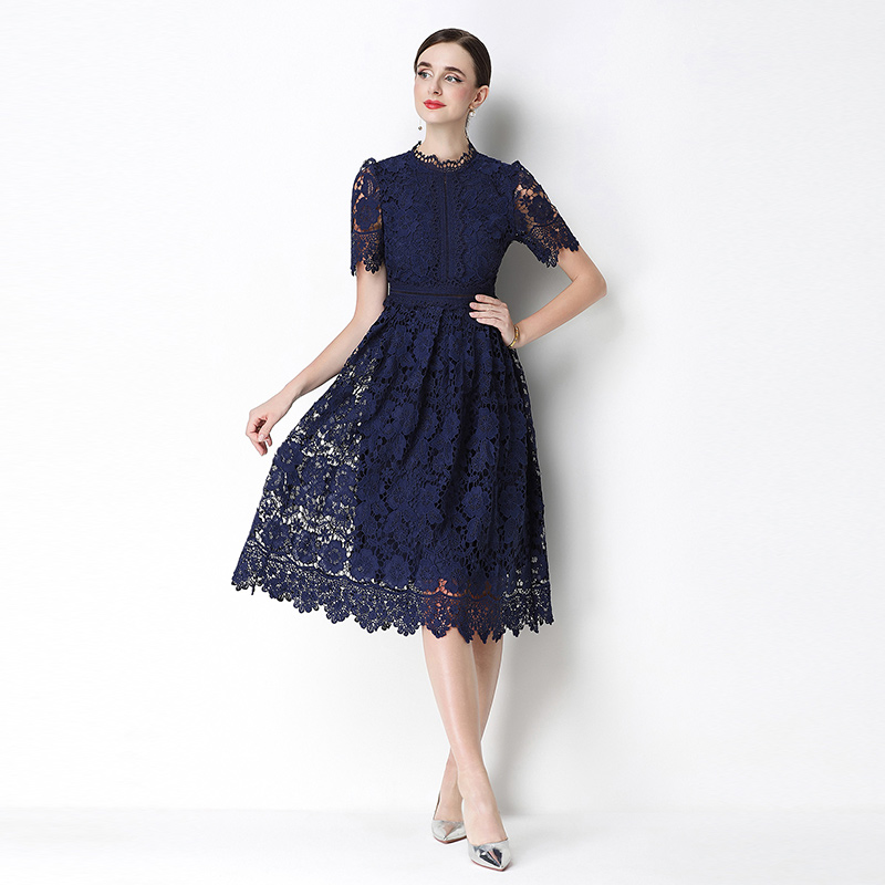 Slim lace hollow long short sleeve dress