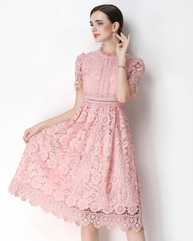 Long slim lace short sleeve hollow dress