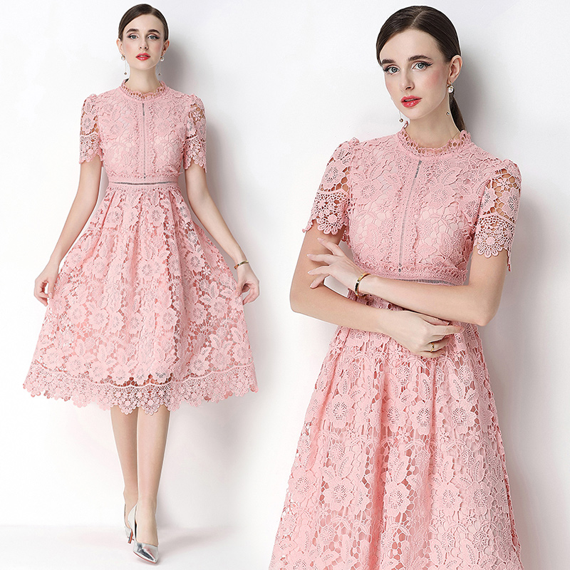 Long slim lace short sleeve hollow dress